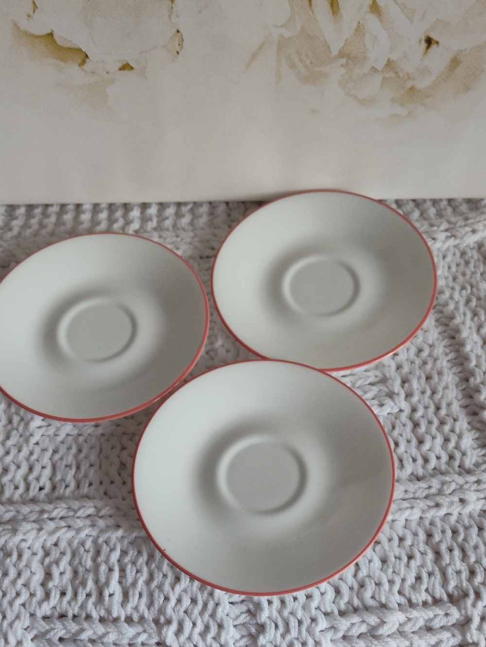 Vintage Corelle Kyoto Leaves Saucers with Coral Rim - Set of 3